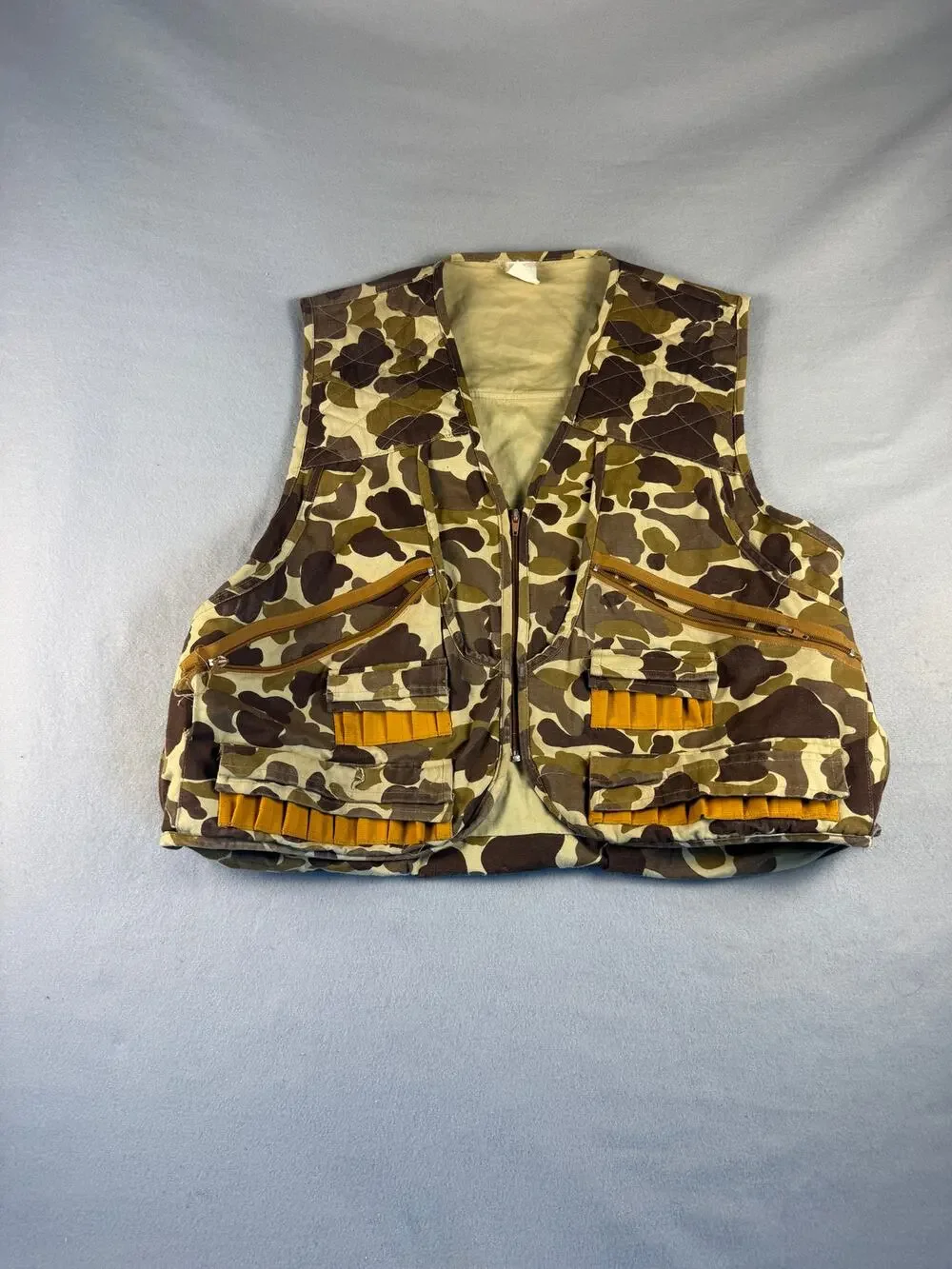 Vintage Duck Hunting Vest Mens L Canvas Camo Quilted Utility Pockets Shooting